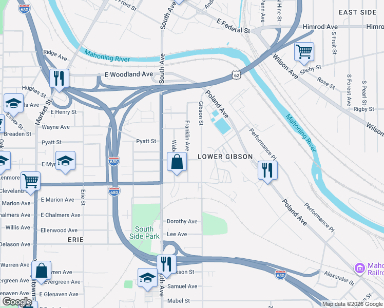 map of restaurants, bars, coffee shops, grocery stores, and more near 1032 Franklin Avenue in Youngstown