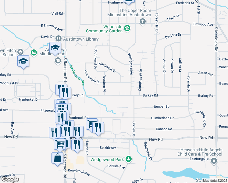 map of restaurants, bars, coffee shops, grocery stores, and more near 4150 Burkey Road in Youngstown