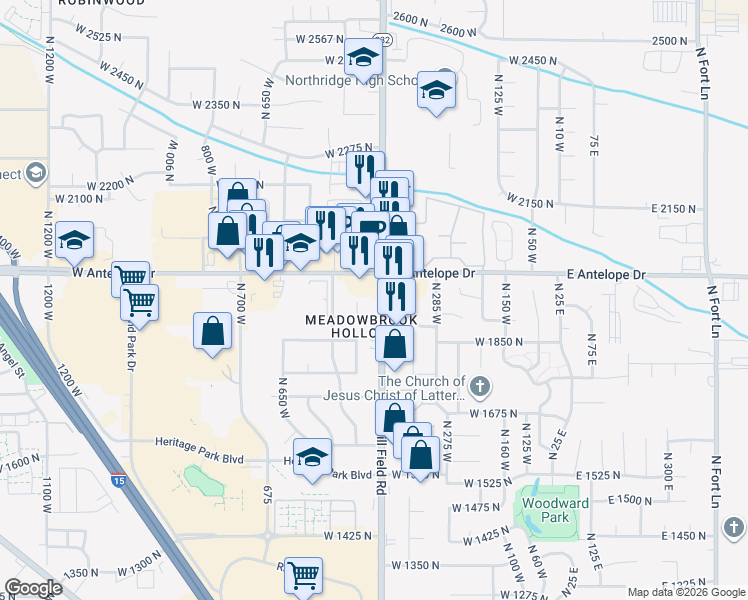 map of restaurants, bars, coffee shops, grocery stores, and more near 1945 North Hill Field Road in Layton