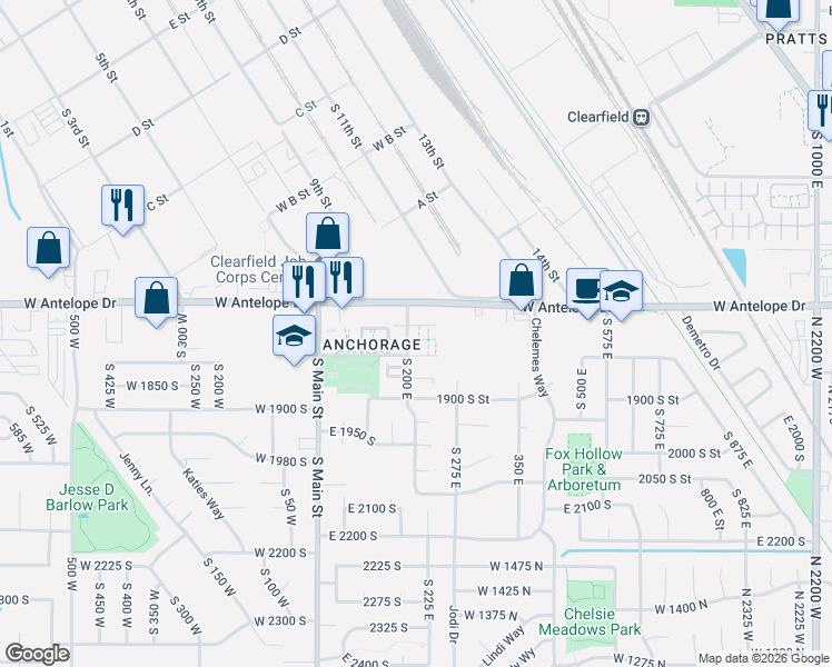 map of restaurants, bars, coffee shops, grocery stores, and more near 1780 South 200 East in Clearfield