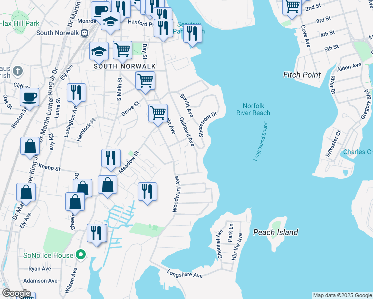 map of restaurants, bars, coffee shops, grocery stores, and more near 55 Quintard Avenue in Norwalk