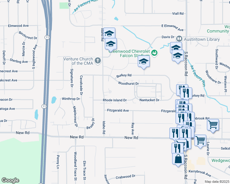 map of restaurants, bars, coffee shops, grocery stores, and more near 4620 Rhode Island Drive in Austintown