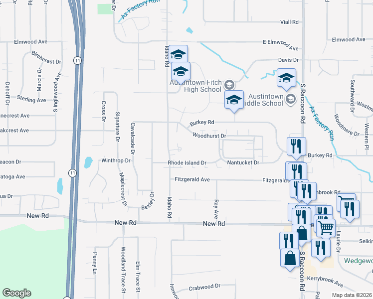 map of restaurants, bars, coffee shops, grocery stores, and more near 4620 Rhode Island Drive in Austintown