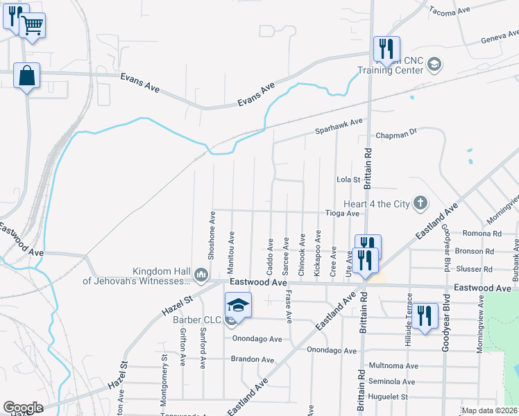 map of restaurants, bars, coffee shops, grocery stores, and more near 1230 Tioga Avenue in Akron