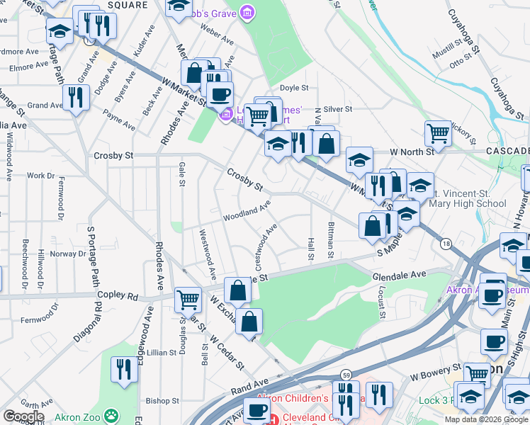 map of restaurants, bars, coffee shops, grocery stores, and more near 426 Woodland Avenue in Akron