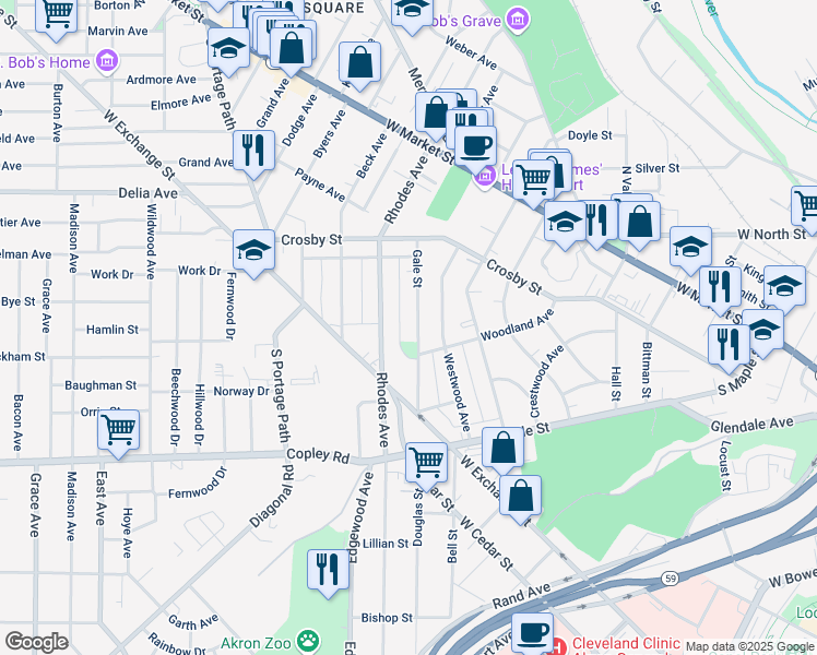 map of restaurants, bars, coffee shops, grocery stores, and more near 183 Gale Street in Akron