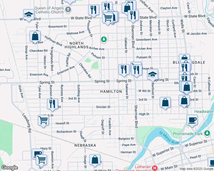 map of restaurants, bars, coffee shops, grocery stores, and more near 1218 West 4th Street in Fort Wayne