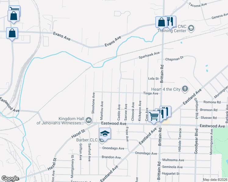 map of restaurants, bars, coffee shops, grocery stores, and more near 1230 Tioga Avenue in Akron
