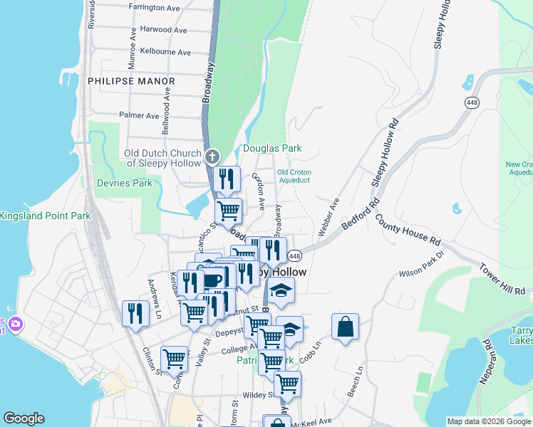map of restaurants, bars, coffee shops, grocery stores, and more near 44 Gordon Avenue in Sleepy Hollow