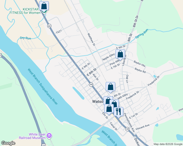 map of restaurants, bars, coffee shops, grocery stores, and more near 38 East 8th Street in Watsontown