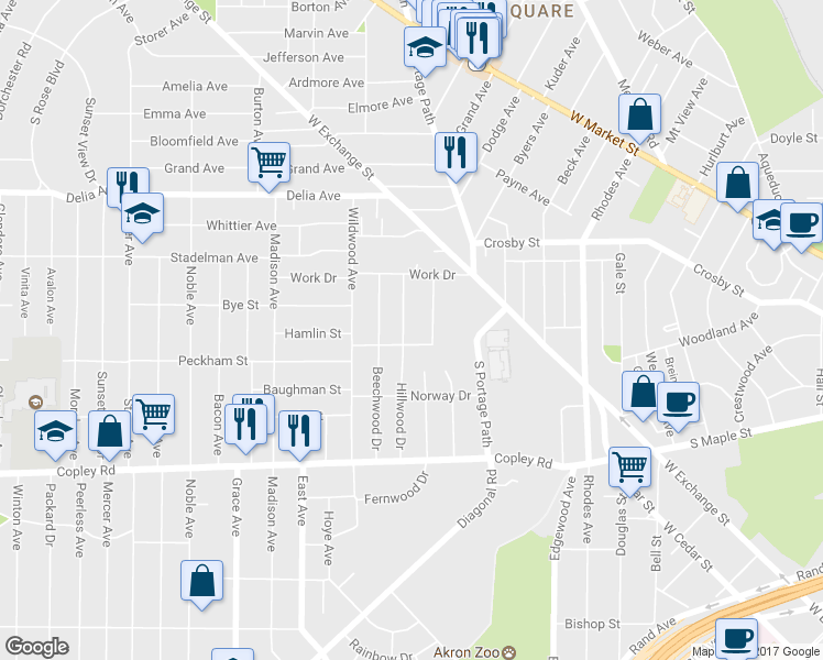 map of restaurants, bars, coffee shops, grocery stores, and more near 355 Hillwood Drive in Akron