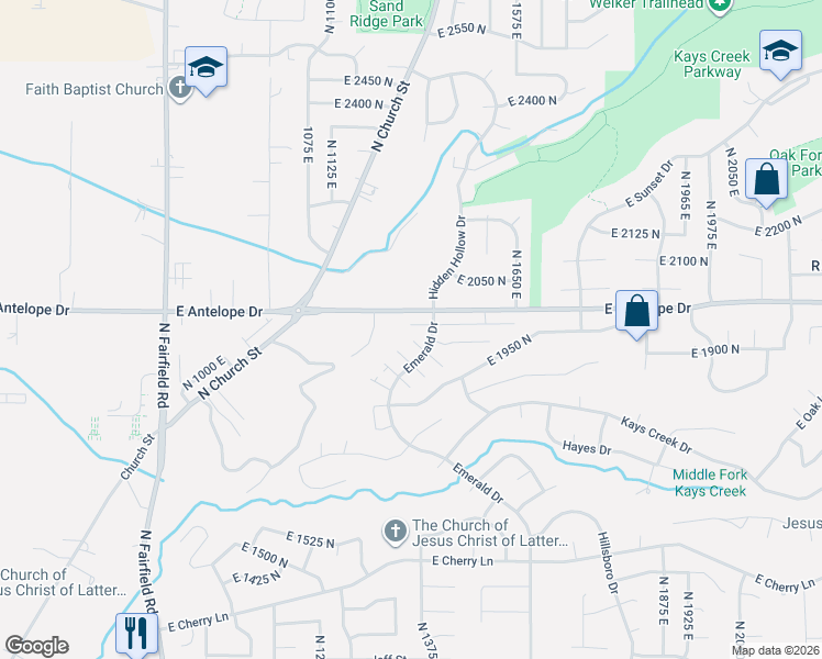 map of restaurants, bars, coffee shops, grocery stores, and more near 1374 East Primrose Court in Layton