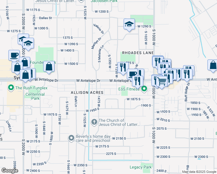 map of restaurants, bars, coffee shops, grocery stores, and more near 1283 West 1700 South in Syracuse