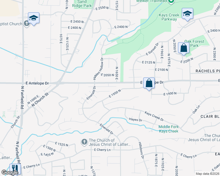 map of restaurants, bars, coffee shops, grocery stores, and more near 1540 East Primrose Lane in Layton