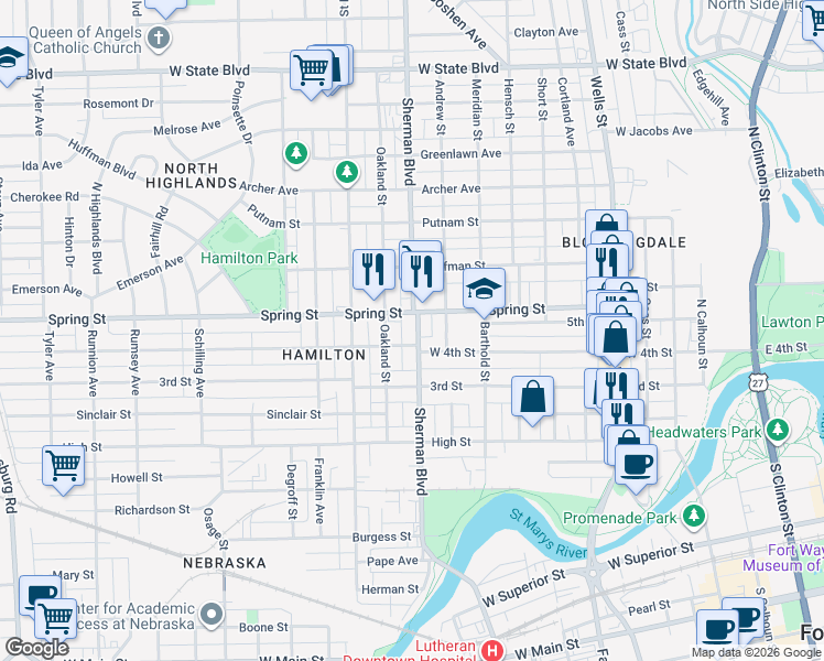 map of restaurants, bars, coffee shops, grocery stores, and more near 1519 Sherman Boulevard in Fort Wayne
