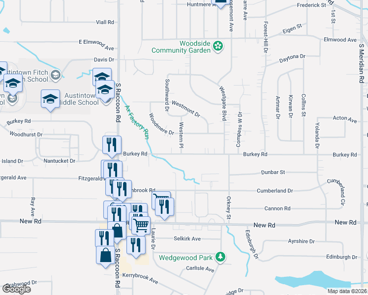 map of restaurants, bars, coffee shops, grocery stores, and more near 4208 Burkey Road in Youngstown