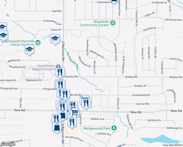 map of restaurants, bars, coffee shops, grocery stores, and more near 4208 Burkey Road in Youngstown