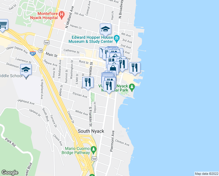 map of restaurants, bars, coffee shops, grocery stores, and more near South Broadway Avenue & Hudson Avenue in Nyack
