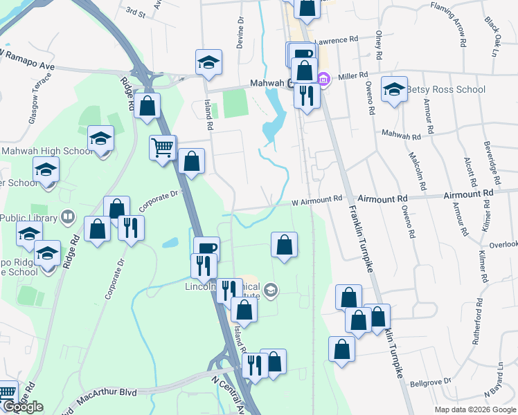 map of restaurants, bars, coffee shops, grocery stores, and more near 68 West Airmount Road in Mahwah