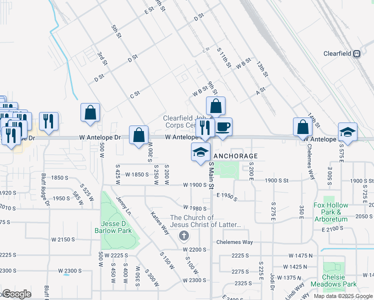 map of restaurants, bars, coffee shops, grocery stores, and more near 175 Antelope Drive in Layton