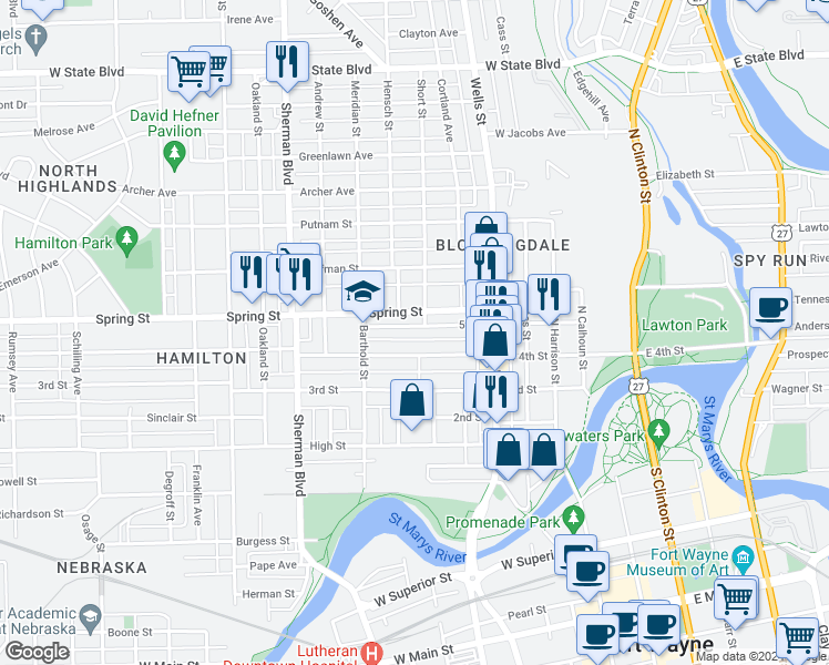 map of restaurants, bars, coffee shops, grocery stores, and more near 611 5th Street in Fort Wayne