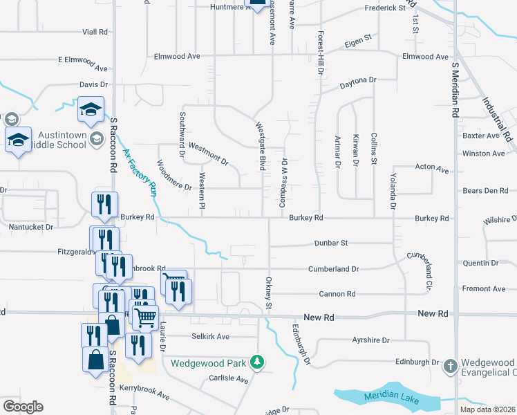 map of restaurants, bars, coffee shops, grocery stores, and more near 4111 Burkey Road in Youngstown