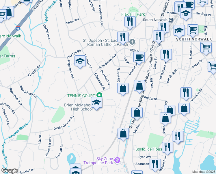 map of restaurants, bars, coffee shops, grocery stores, and more near 44 Lenox Avenue in Norwalk