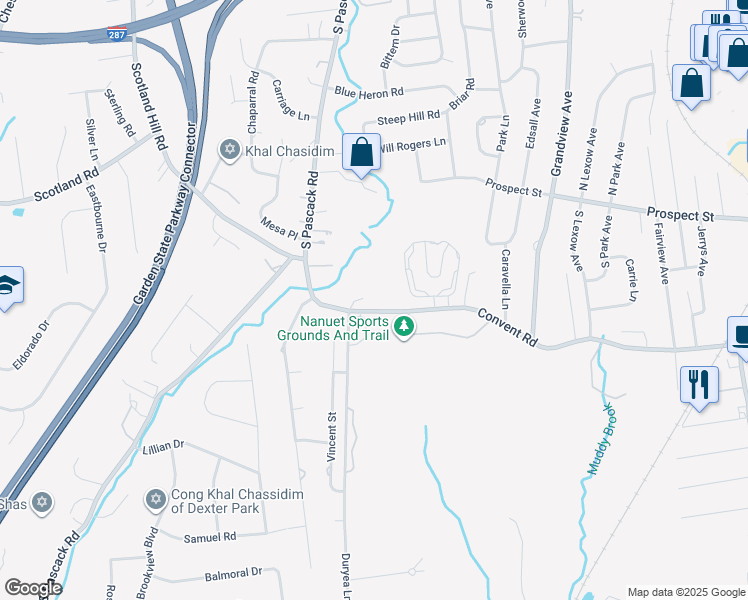 map of restaurants, bars, coffee shops, grocery stores, and more near 154 Convent Road in Nanuet