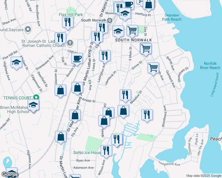 map of restaurants, bars, coffee shops, grocery stores, and more near 15 San Vincenzo Place in Norwalk