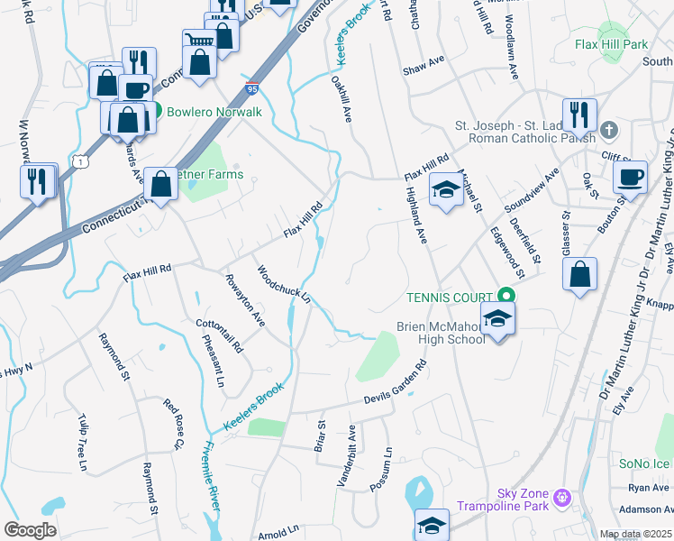 map of restaurants, bars, coffee shops, grocery stores, and more near 20 Primrose Court in Norwalk