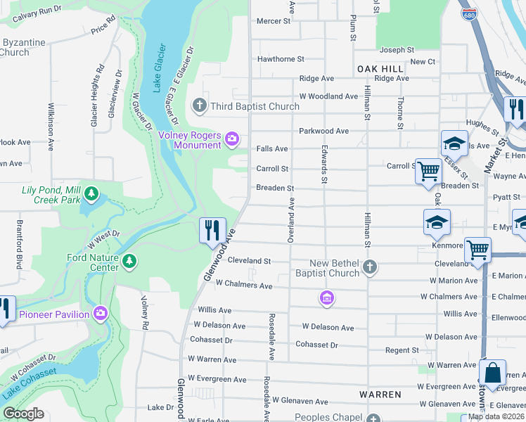 map of restaurants, bars, coffee shops, grocery stores, and more near 538 West Myrtle Avenue in Youngstown