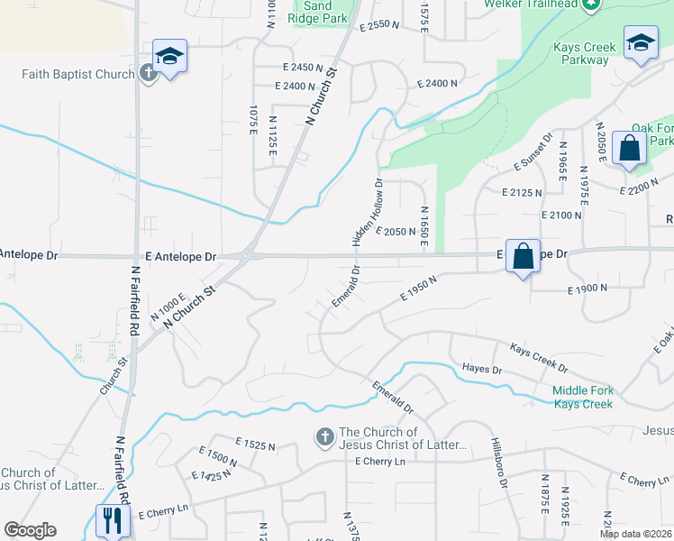 map of restaurants, bars, coffee shops, grocery stores, and more near 1374 East Primrose Lane in Layton
