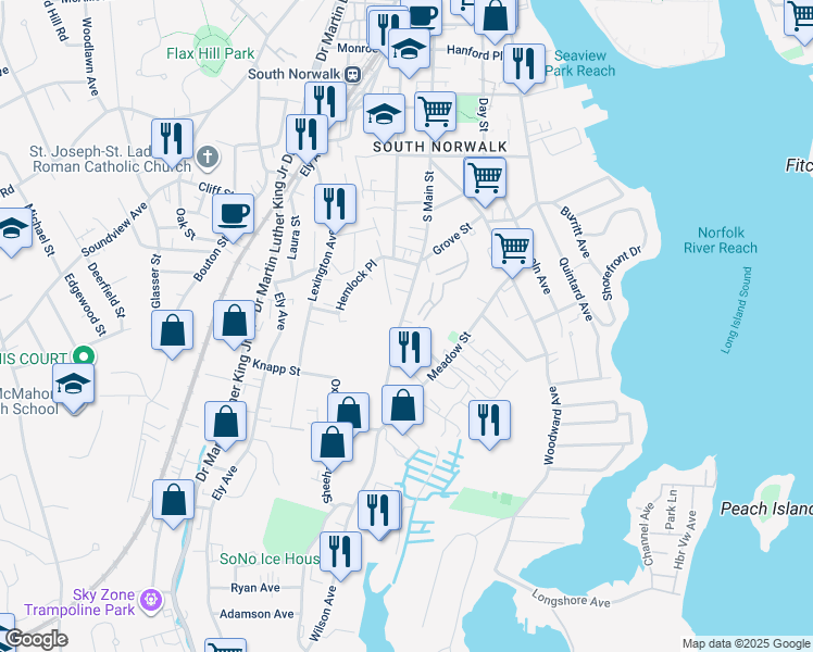 map of restaurants, bars, coffee shops, grocery stores, and more near 26 Novak Street in Norwalk