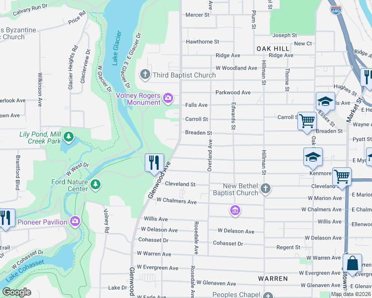 map of restaurants, bars, coffee shops, grocery stores, and more near 538 West Myrtle Avenue in Youngstown