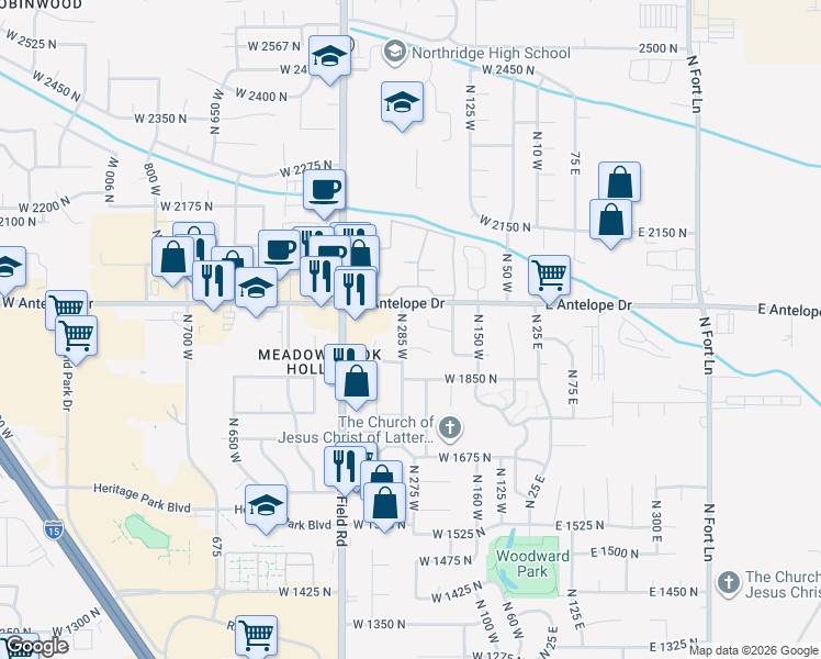 map of restaurants, bars, coffee shops, grocery stores, and more near 260 West 1925 North in Layton