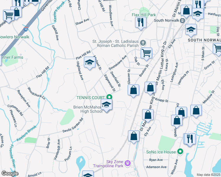 map of restaurants, bars, coffee shops, grocery stores, and more near 29 Lenox Avenue in Norwalk