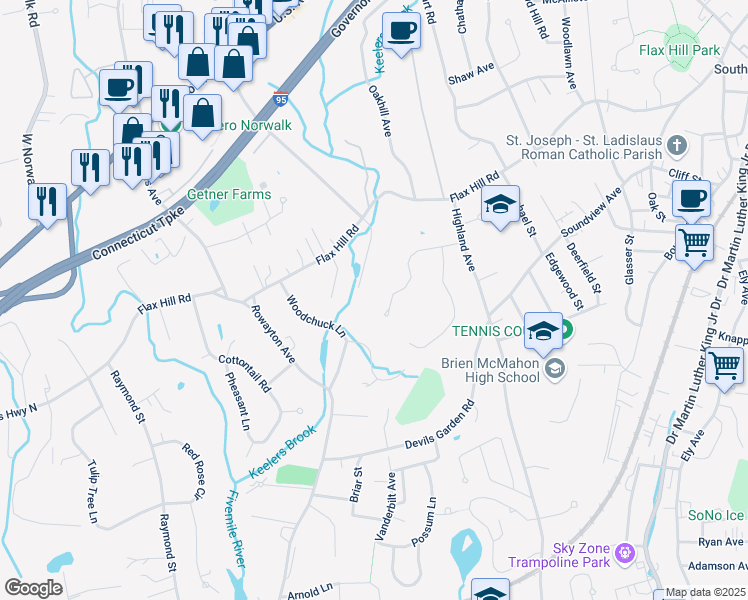 map of restaurants, bars, coffee shops, grocery stores, and more near 20 Primrose Court in Norwalk