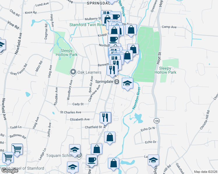 map of restaurants, bars, coffee shops, grocery stores, and more near 113 Knickerbocker Avenue in Stamford