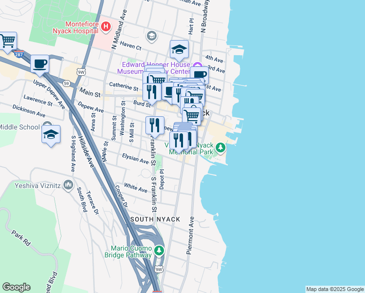 map of restaurants, bars, coffee shops, grocery stores, and more near 55 Hudson Avenue in Nyack