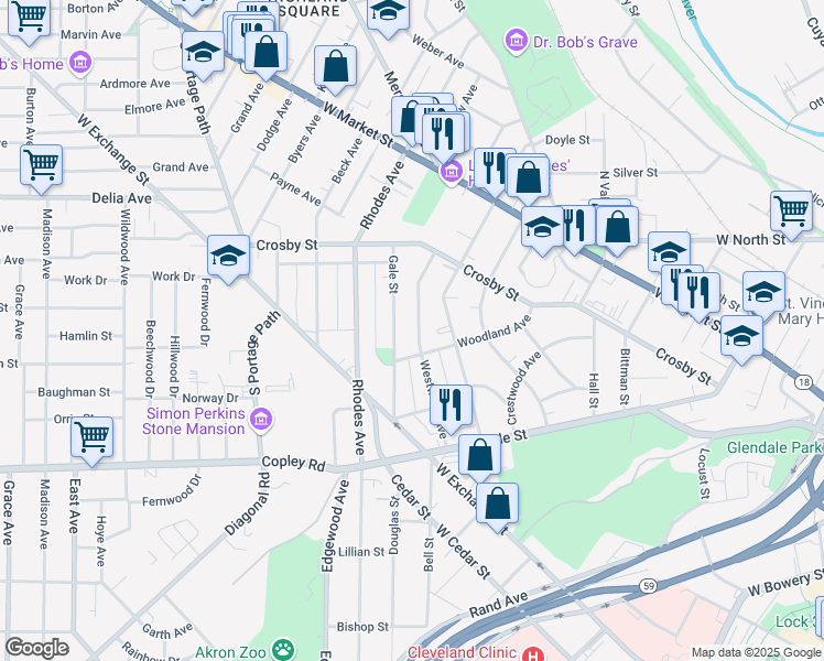 map of restaurants, bars, coffee shops, grocery stores, and more near 183 Gale Street in Akron