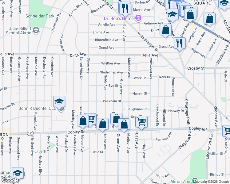 map of restaurants, bars, coffee shops, grocery stores, and more near 352 Grace Avenue in Akron
