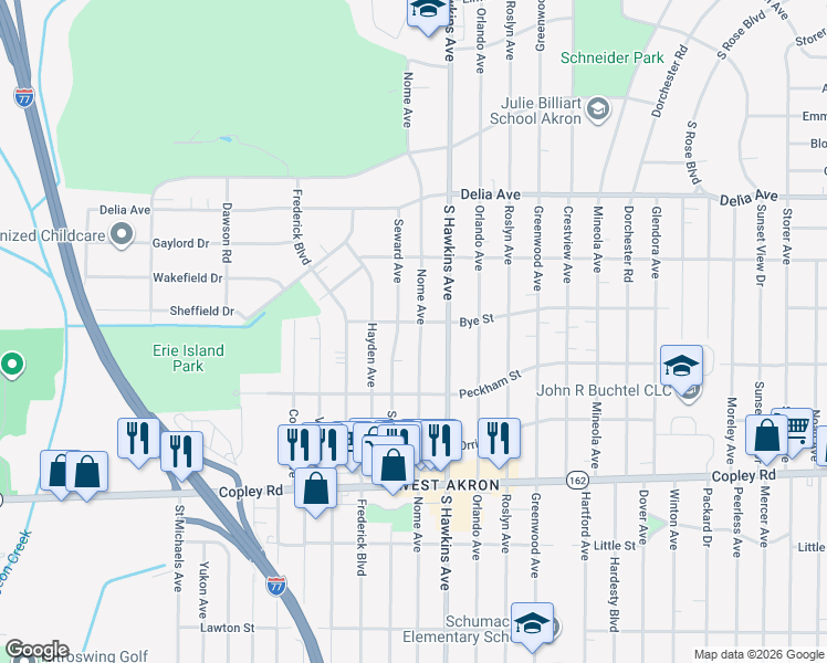 map of restaurants, bars, coffee shops, grocery stores, and more near 785 Seward Avenue in Akron