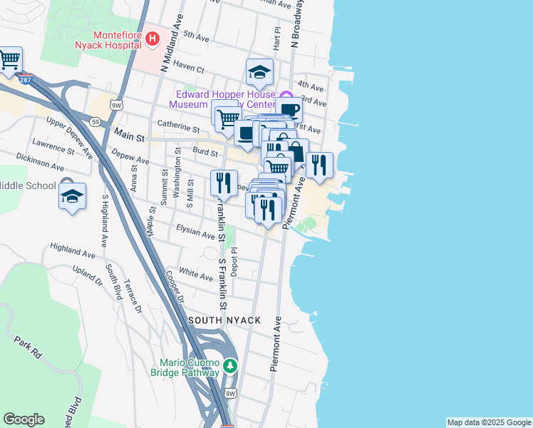 map of restaurants, bars, coffee shops, grocery stores, and more near 64 South Broadway in Nyack
