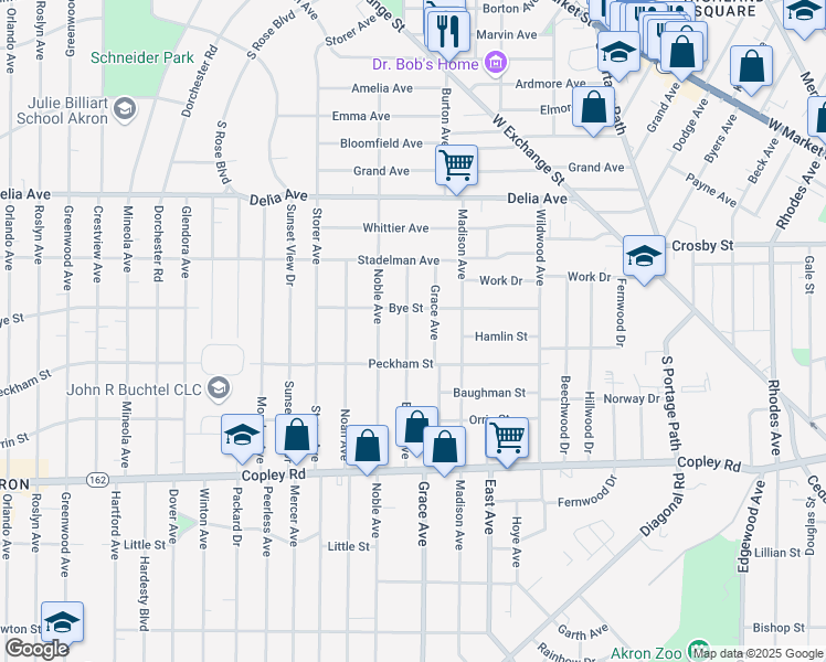 map of restaurants, bars, coffee shops, grocery stores, and more near 352 Grace Avenue in Akron