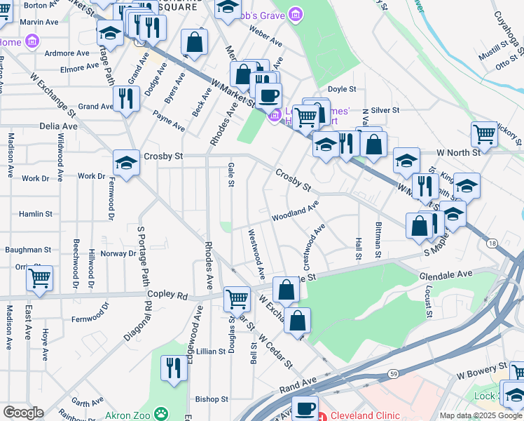 map of restaurants, bars, coffee shops, grocery stores, and more near 504 Evelyn Court in Akron