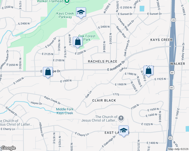 map of restaurants, bars, coffee shops, grocery stores, and more near 2222 East Rolling Oaks Lane in Layton