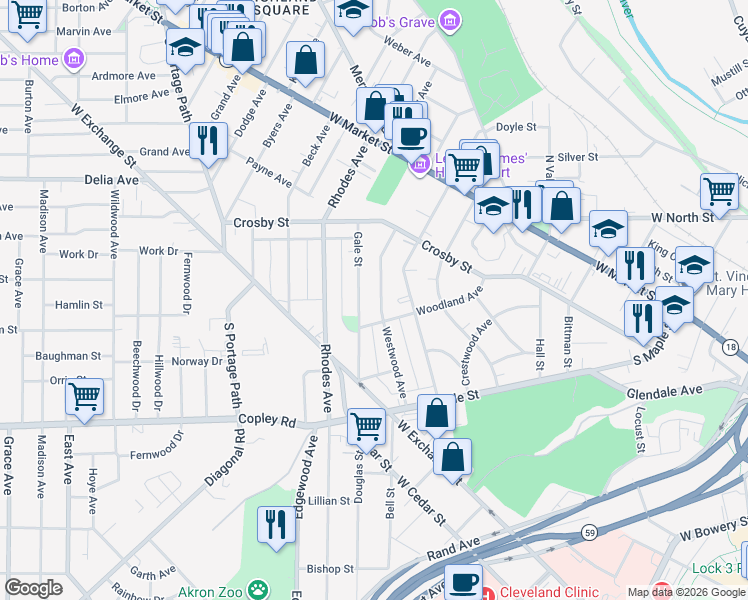 map of restaurants, bars, coffee shops, grocery stores, and more near 183 Gale Street in Akron