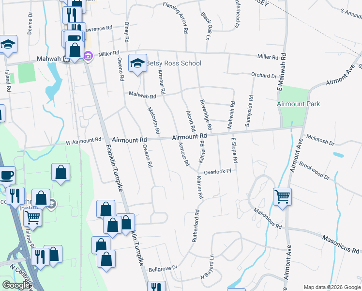 map of restaurants, bars, coffee shops, grocery stores, and more near 107 Armour Road in Mahwah