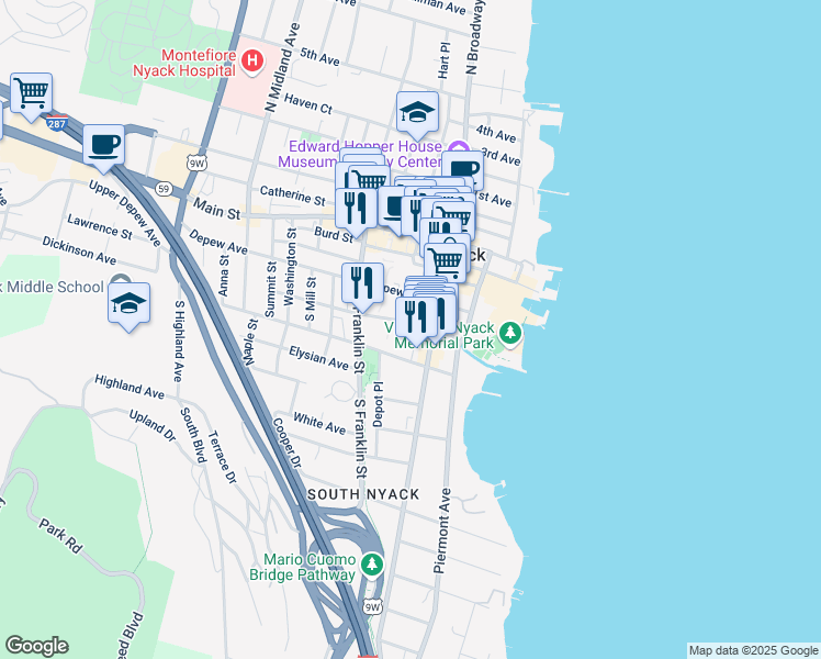 map of restaurants, bars, coffee shops, grocery stores, and more near 55 Hudson Avenue in Nyack