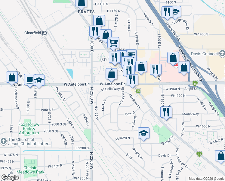 map of restaurants, bars, coffee shops, grocery stores, and more near 2009 West Celia Way in Layton